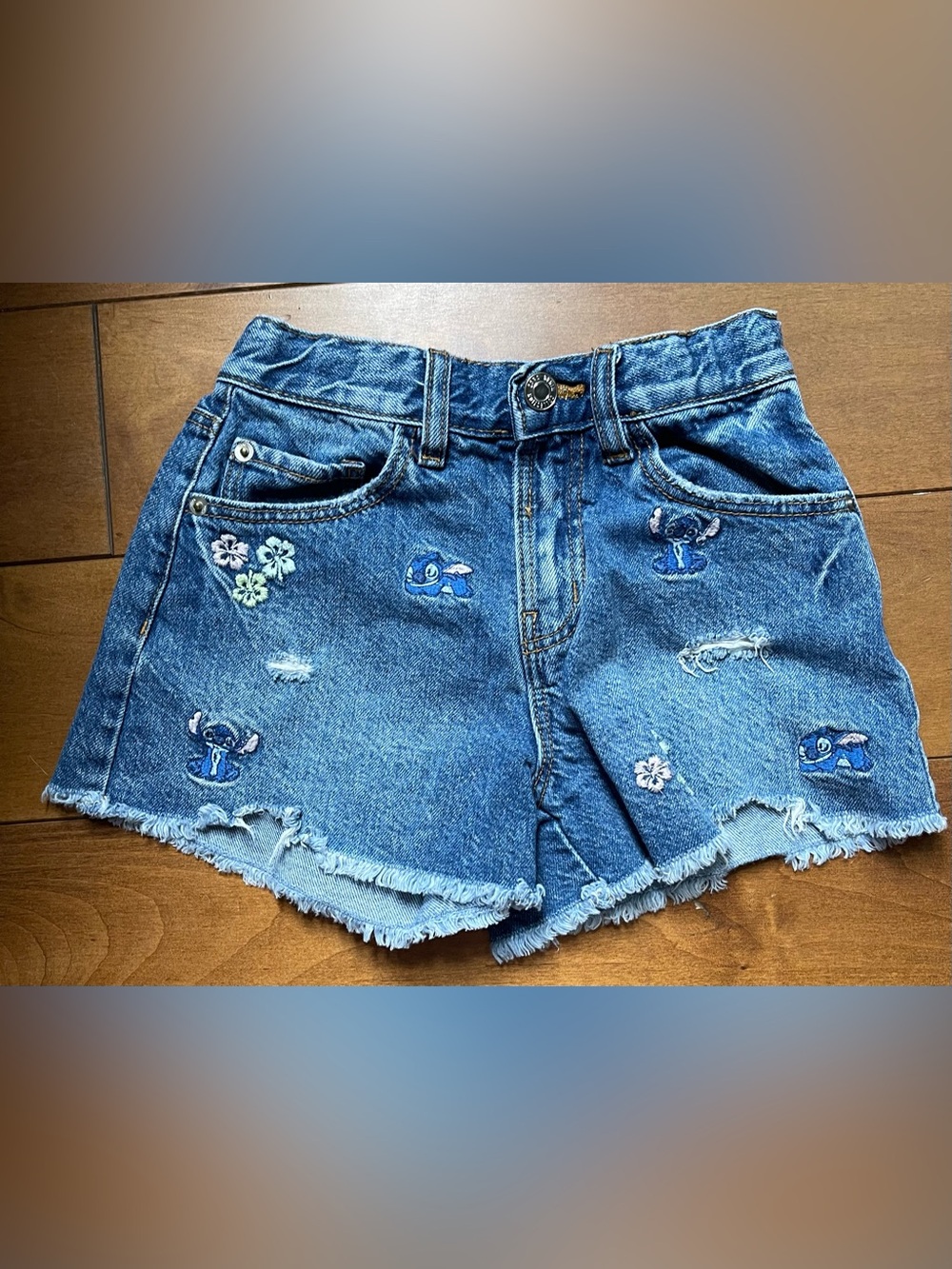 Stitch Zara Blue Embroidered Denim Shorts with Floral & Character Motifs
